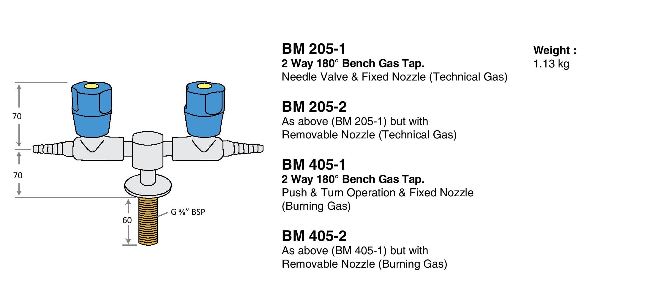 2 Way 180º Standard Bench Gas Tap Drawings